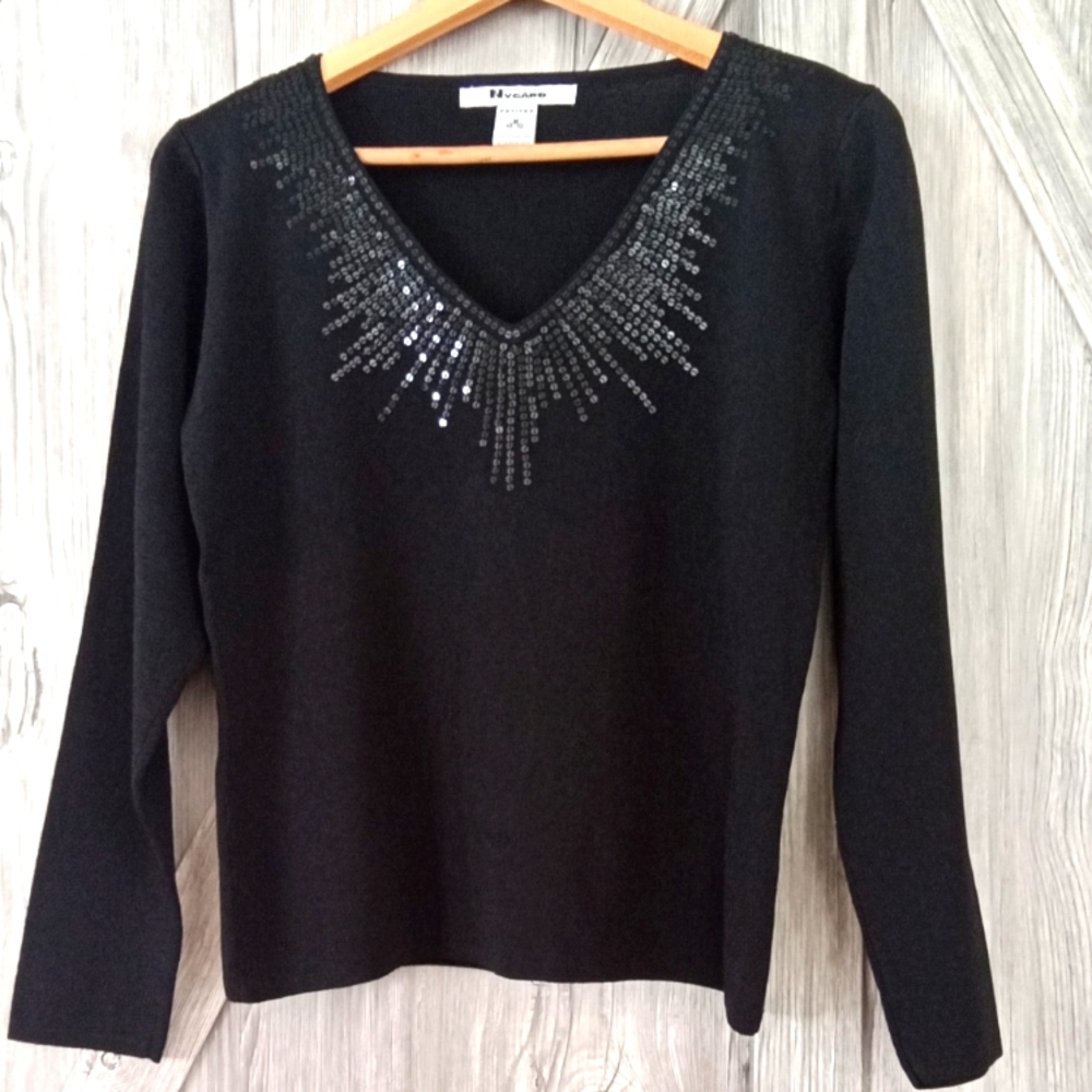 Nygard Collection Black V Neck Sequin Sweater M